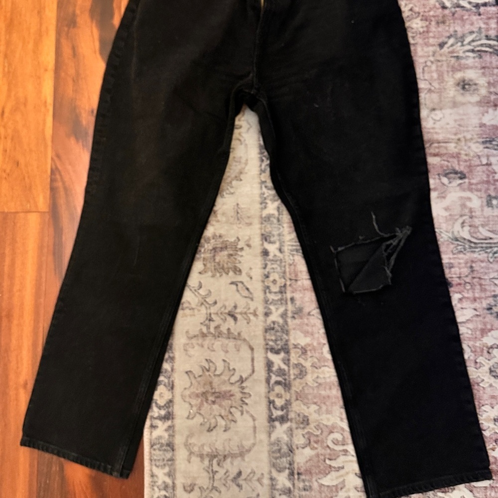 Express high waisted black jeans barely worn with one knee distressed